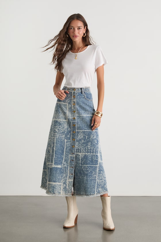 Light Wash Paisley Skirt - Denim Midi Skirt - Button-Front