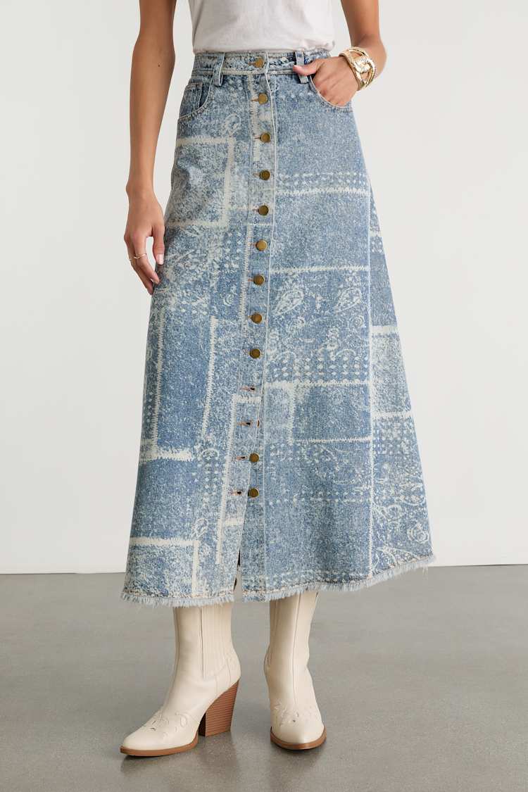 McKenzie Medium Wash Paisley Button-Front Denim Midi Skirt