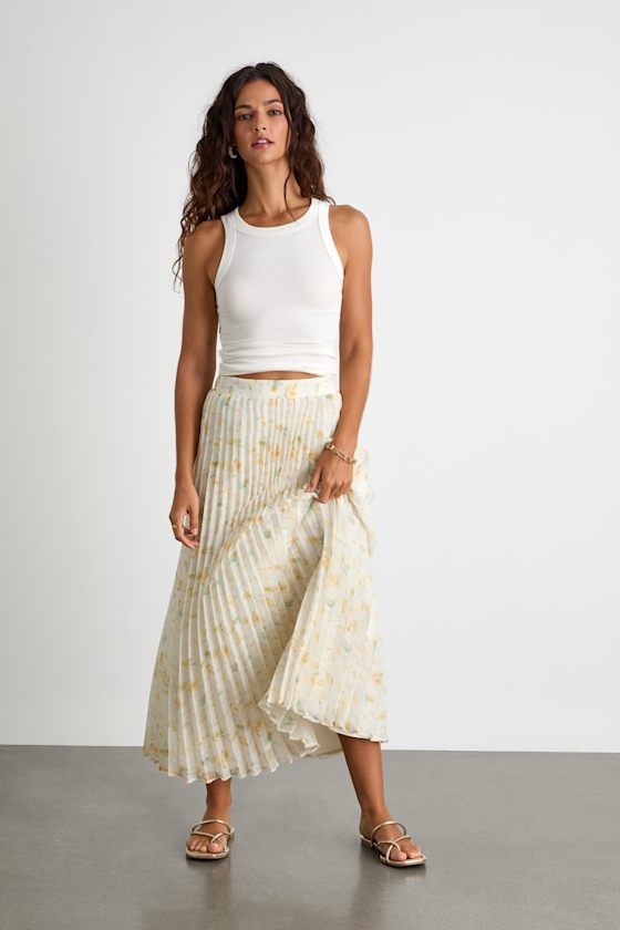 Olyana Ivory and Yellow Floral Pleated Midi Skirt 1