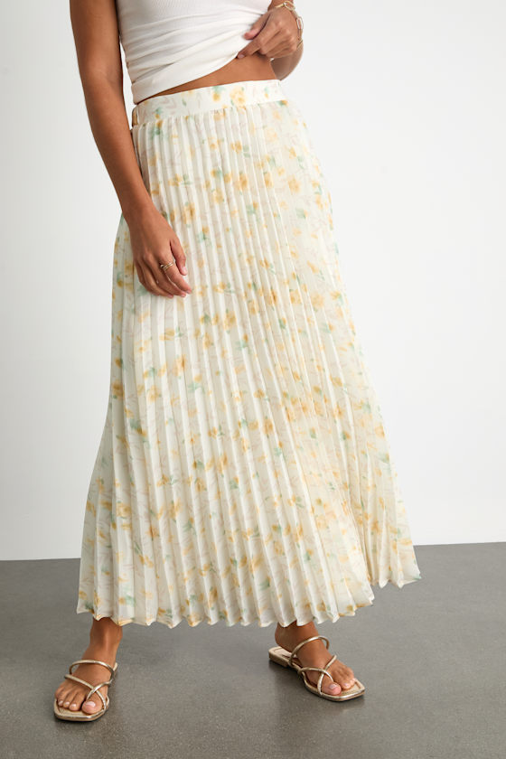 Olyana Ivory and Yellow Floral Pleated Midi Skirt 2
