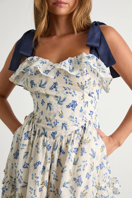 Ivory Floral Midi Dress - Ruffled Dress - Tie-Strap Midi Dress - Image 2