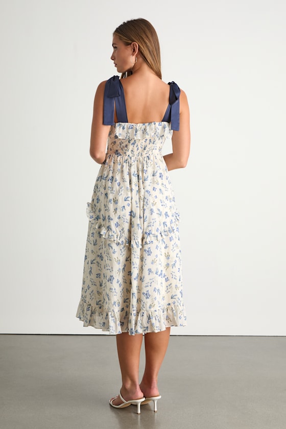 Ivory Floral Midi Dress - Ruffled Dress - Tie-Strap Midi Dress - Image 5
