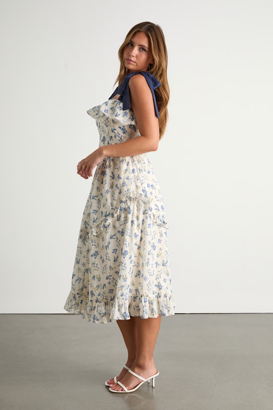 Ivory Floral Midi Dress - Ruffled Dress - Tie-Strap Midi Dress - Image 3