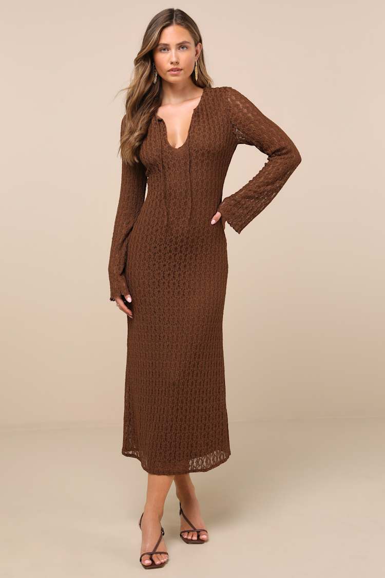Wivina Brown Crochet Knit Long Sleeve Midi Dress