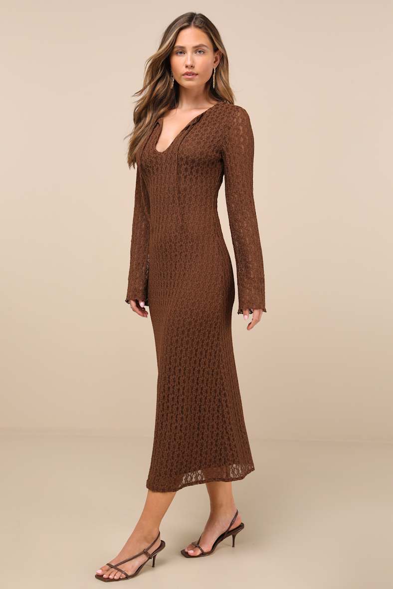 Wivina Brown Crochet Knit Long Sleeve Midi Dress