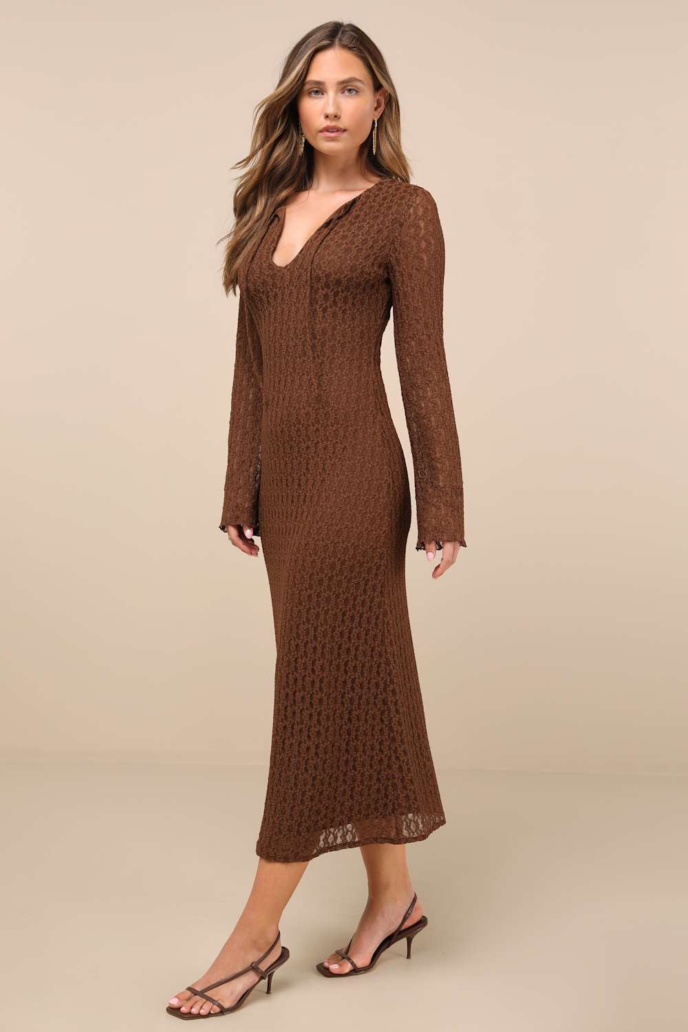 Wivina Brown Crochet Knit Long Sleeve Midi Dress