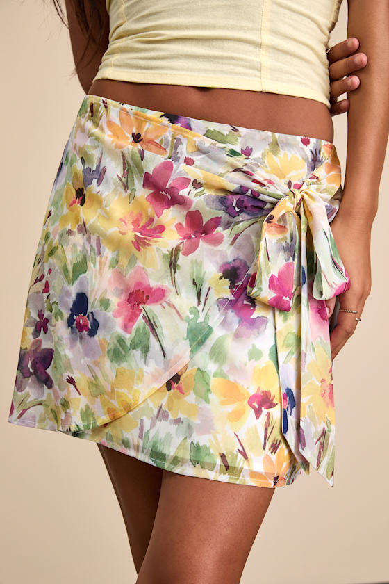 White Multi Floral Skirt - Faux Wrap Mini Skirt - Floral Skirt - Image 2