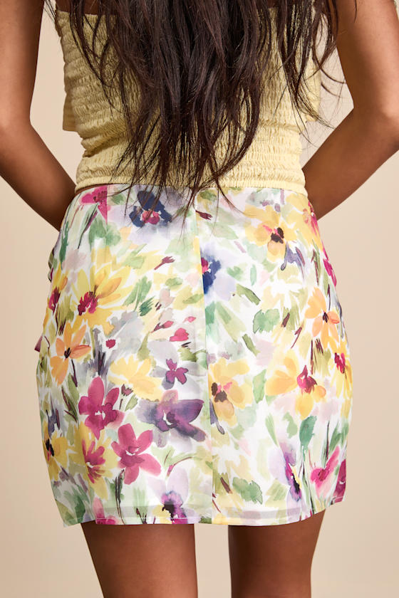 White Multi Floral Skirt - Faux Wrap Mini Skirt - Floral Skirt - Image 3