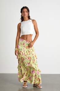 Revina Lime Green Floral Ruffled High-Rise Maxi Skirt 1