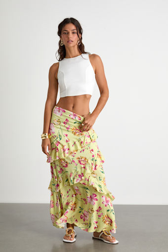 Revina Lime Green Floral Ruffled High-Rise Maxi Skirt 1