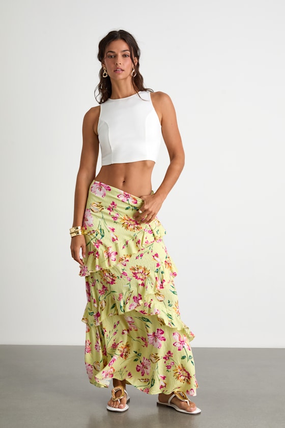 Revina Lime Green Floral Ruffled High-Rise Maxi Skirt 1