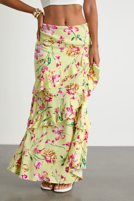 Revina Lime Green Floral Ruffled High-Rise Maxi Skirt 2