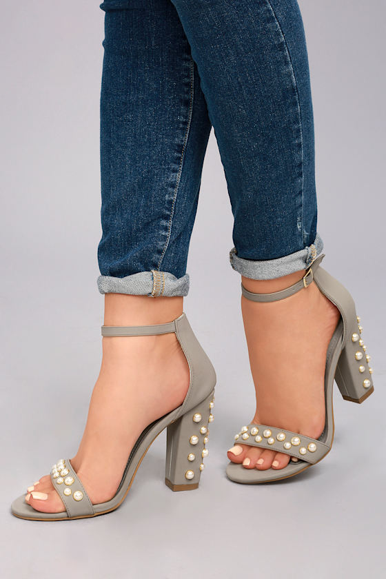 Chic Pearl Heels Vegan Heels Grey Ankle strap Heels Lulus
