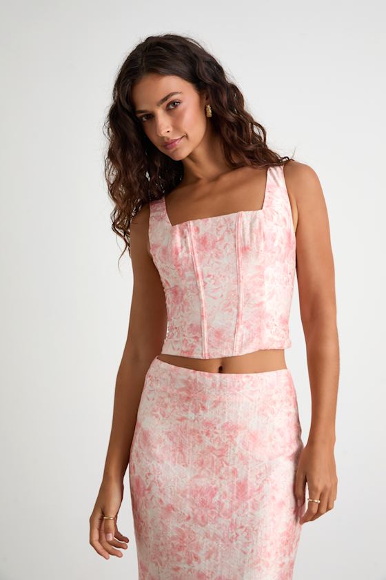 Lynelle Pink Floral Textured Sleeveless Bustier Top 4