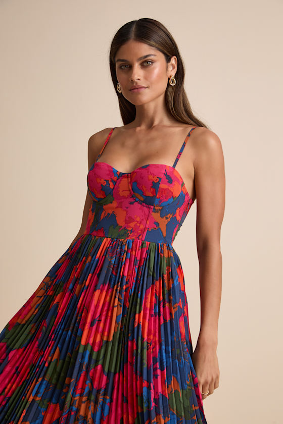 Image of Dorothy Dark Blue Multi Flower Pleated Midi Dress
