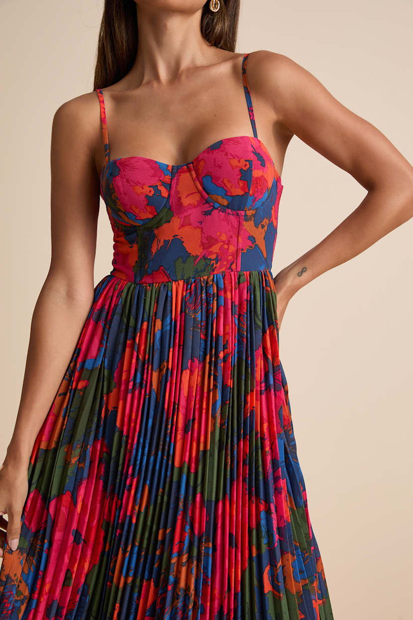 Blue Multi Floral Dress - Pleated Midi Dress - Bustier Midi Dress - Lulus