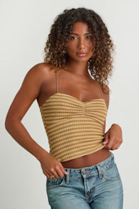 Jimena Light Brown Striped Knit Ruched Cami Top 1