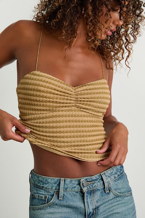 Jimena Light Brown Striped Knit Ruched Cami Top 2
