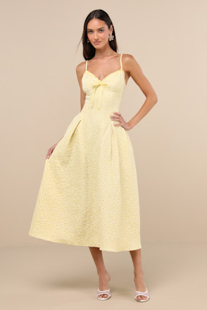 Yellow Jacquard Midi Dress - Lace-Up Midi Dress - A-line Dress - Lulus
