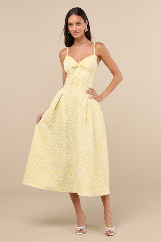 Ninetta Light Yellow Floral Jacquard Lace-Up Midi Dress 1