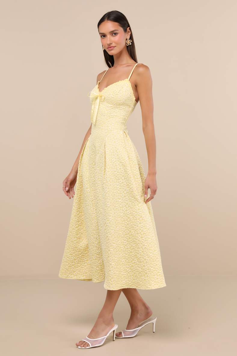 Ninetta Light Yellow Floral Jacquard Lace-Up Midi Dress