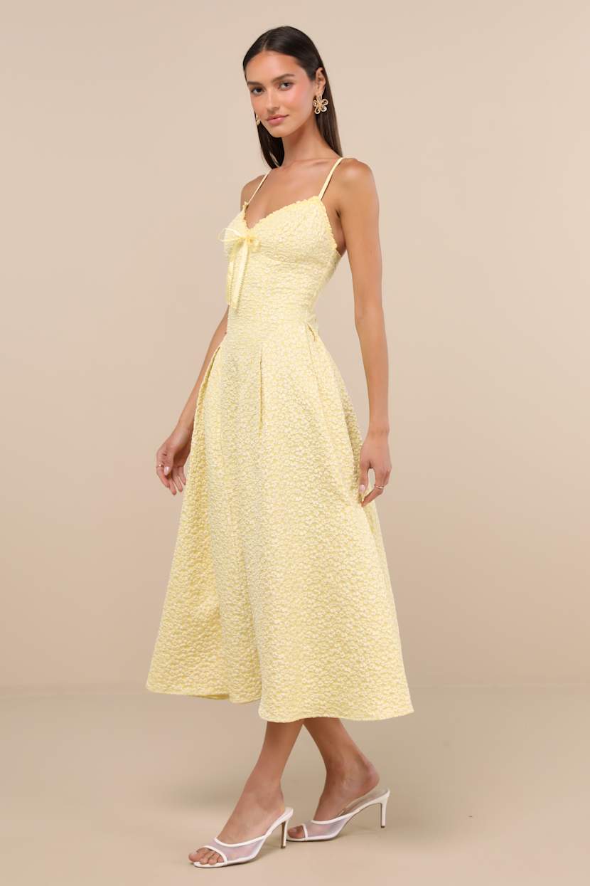 Ninetta Light Yellow Floral Jacquard Lace-Up Midi Dress