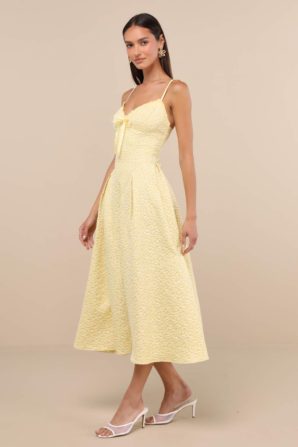 Ninetta Light Yellow Floral Jacquard Lace-Up Midi Dress