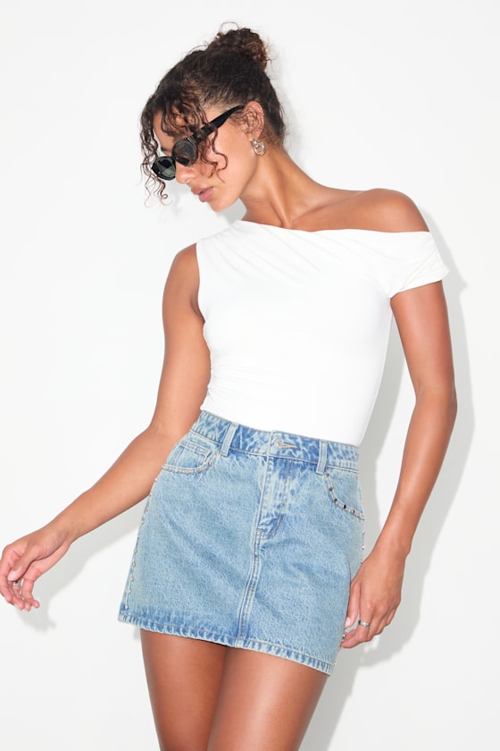 Tayana Light Wash Studded Denim Mini Skirt 1