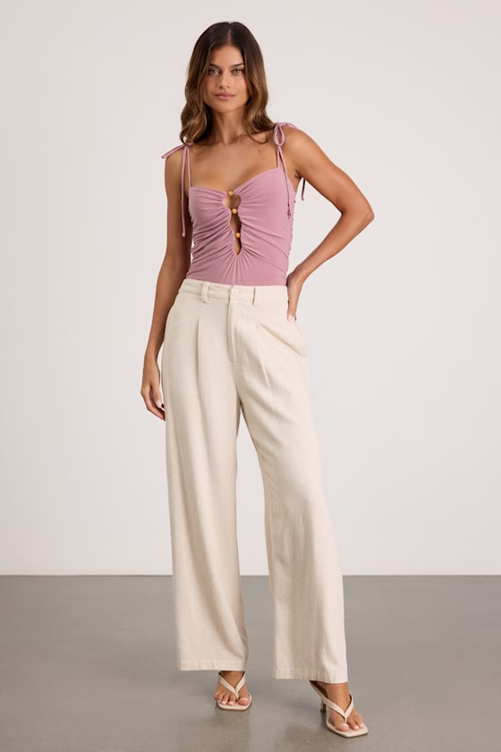 Mauve Pink Bodysuit - Cutout Bodysuit - Tie-Strap Ruched Bodysuit - Image 4