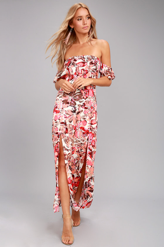 Lucy Love Dream On Pink Floral Print Off-the-Shoulder Maxi Dress