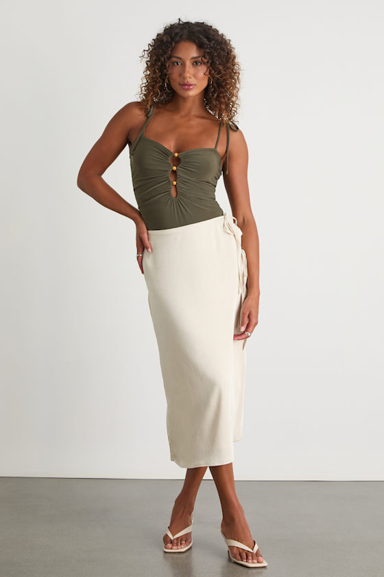 Olive Bodysuit - Cutout Bodysuit - Tie-Strap Ruched Bodysuit - Image 3