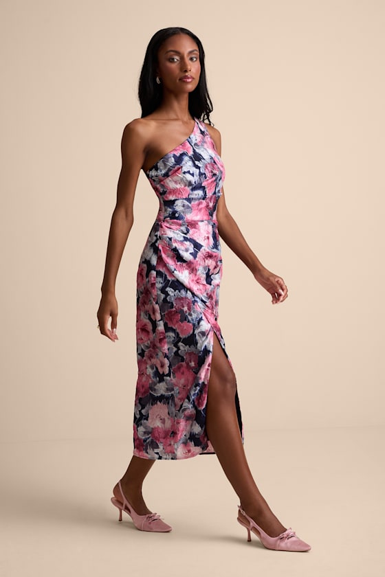 Image of Jemmilah Navy Floral Textured One-Shoulder Midi Dress