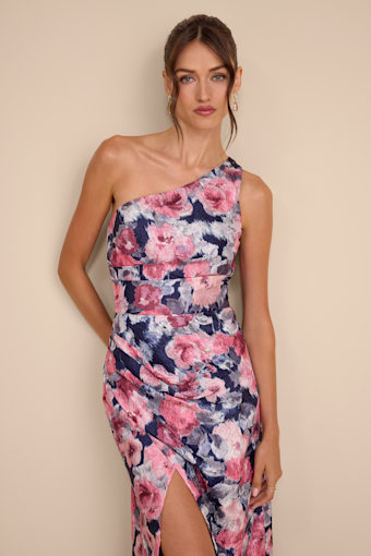Jemmilah Navy Floral Textured One-Shoulder Midi Dress 1