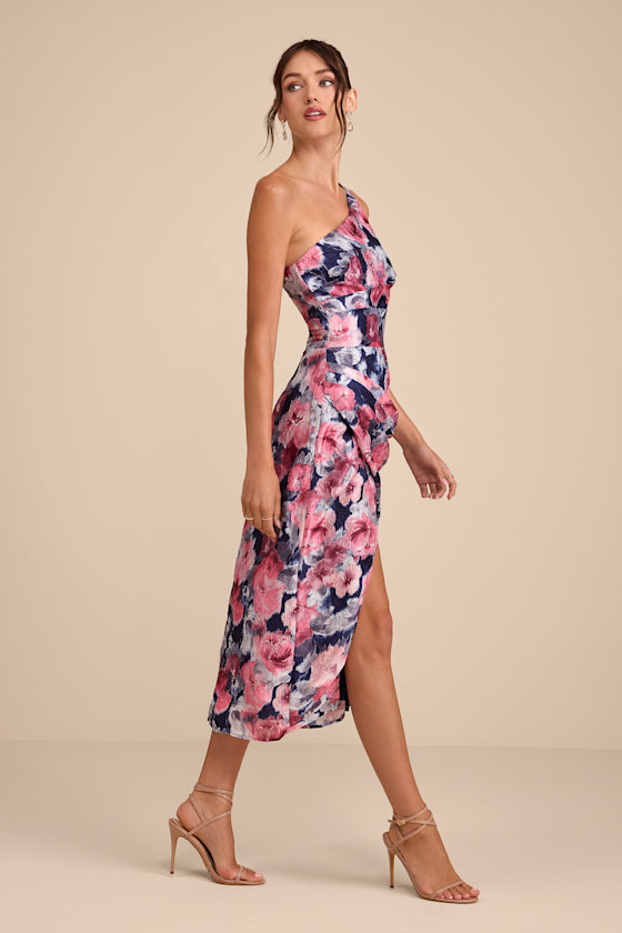 Jemmilah Navy Floral Textured One-Shoulder Midi Dress 2
