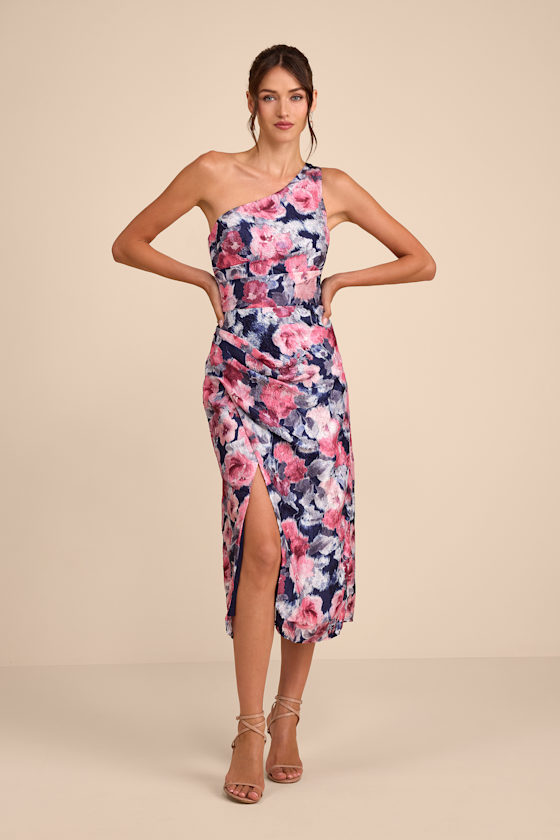 Navy Floral Dress - Textured Pleated Dress - One-Shoulder Midi - Image 5