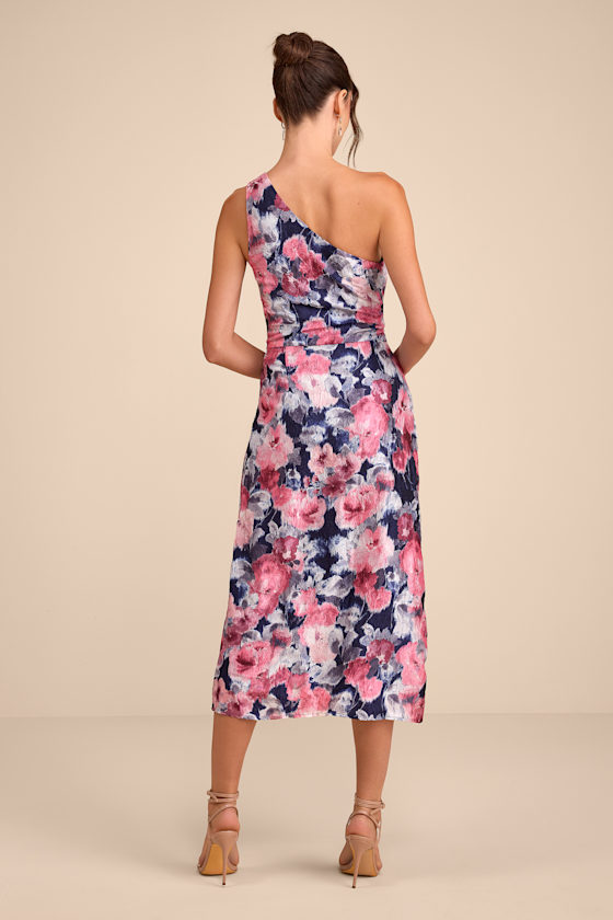 Navy Floral Dress - Textured Pleated Dress - One-Shoulder Midi - Image 6
