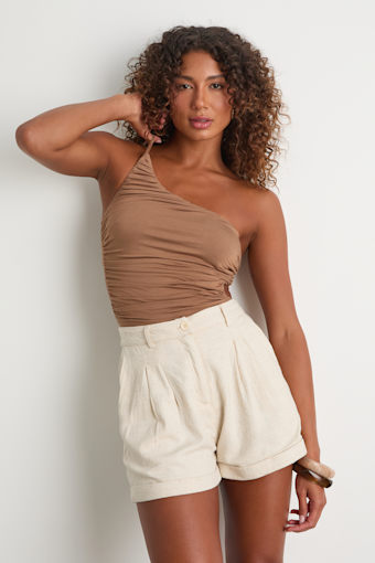 Kayton Light Brown Jersey Knit Ruched Bodysuit 1