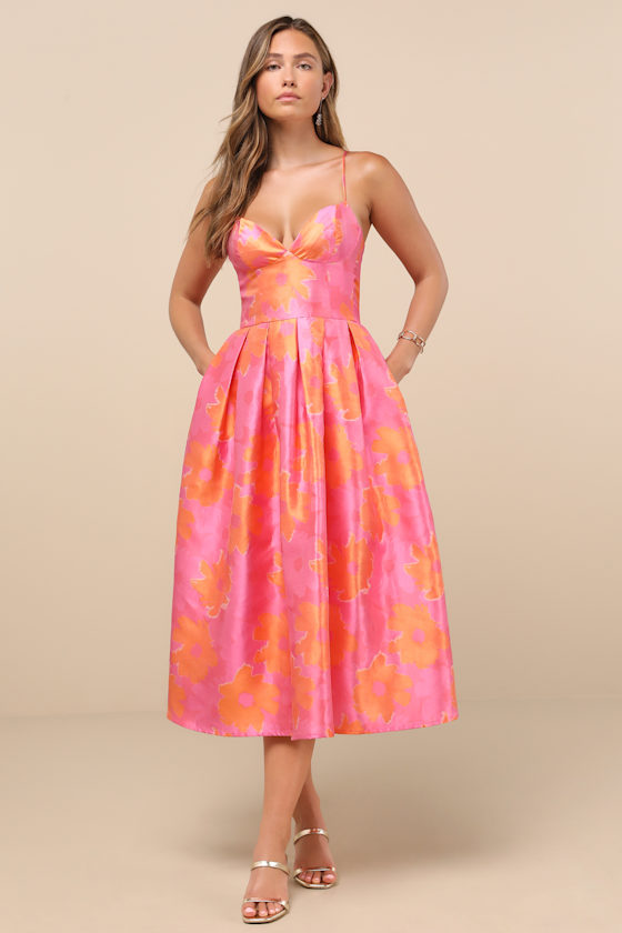 Image of Vivinna Pink and Orange Floral Jacquard Pleated Midi Dress