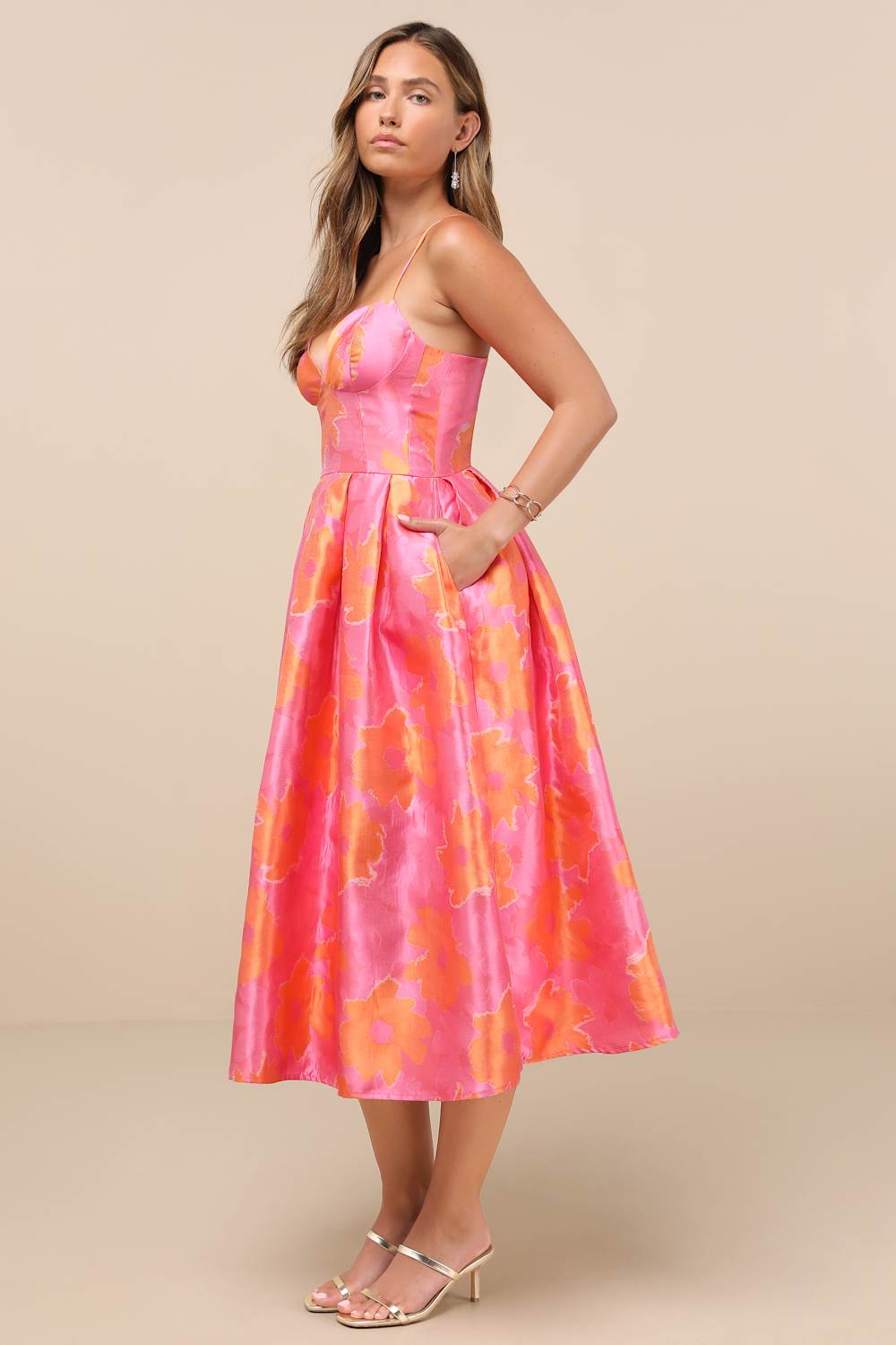 Vivinna Pink and Orange Floral Jacquard Pleated Midi Dress