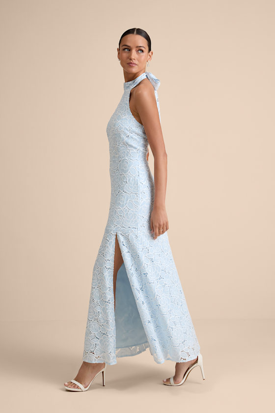 Image of Vaelyn Light Blue Crochet Lace Halter Maxi Dress