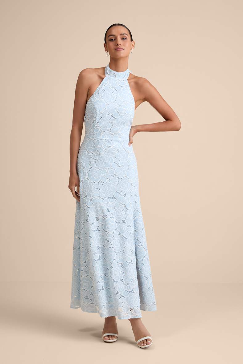 Vaelyn Light Blue Crochet Lace Halter Maxi Dress