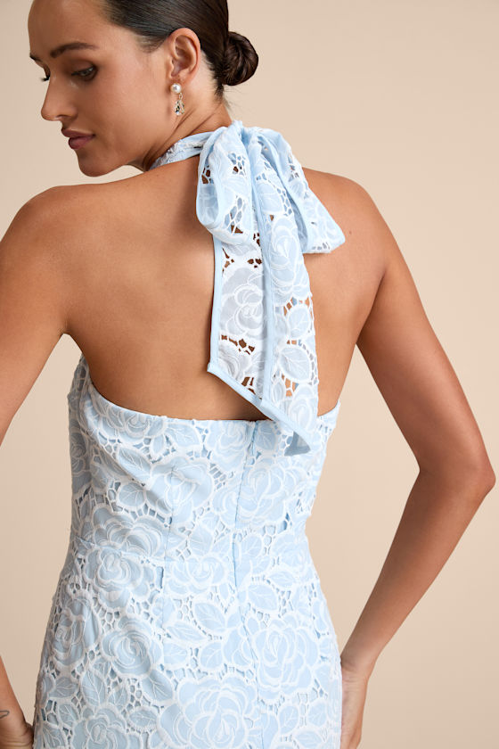 Vaelyn Light Blue Crochet Lace Halter Maxi Dress