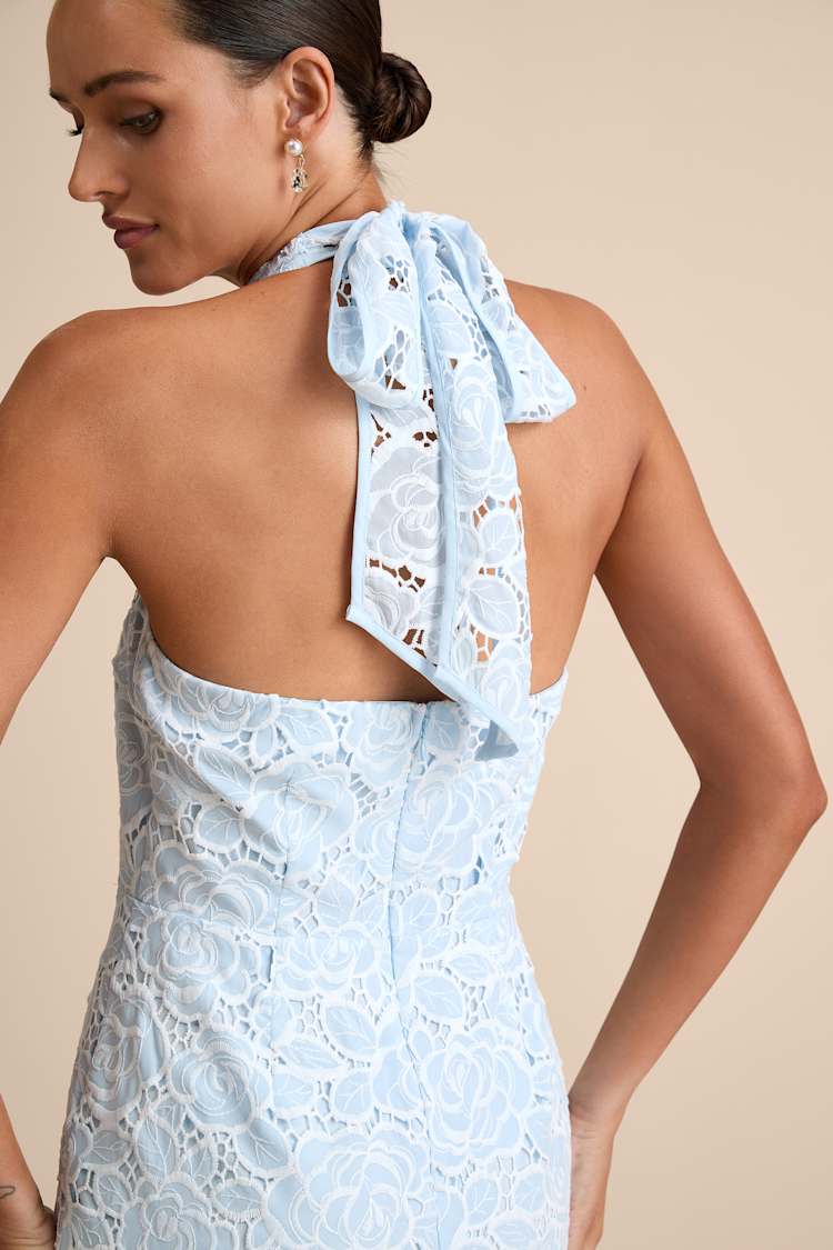 Vaelyn Light Blue Crochet Lace Halter Maxi Dress