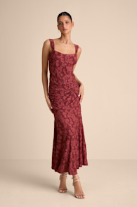 Celeste Rust Red Floral Burnout Bustier Maxi Dress 2