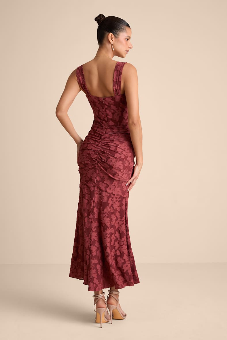 Celeste Rust Red Floral Burnout Bustier Maxi Dress