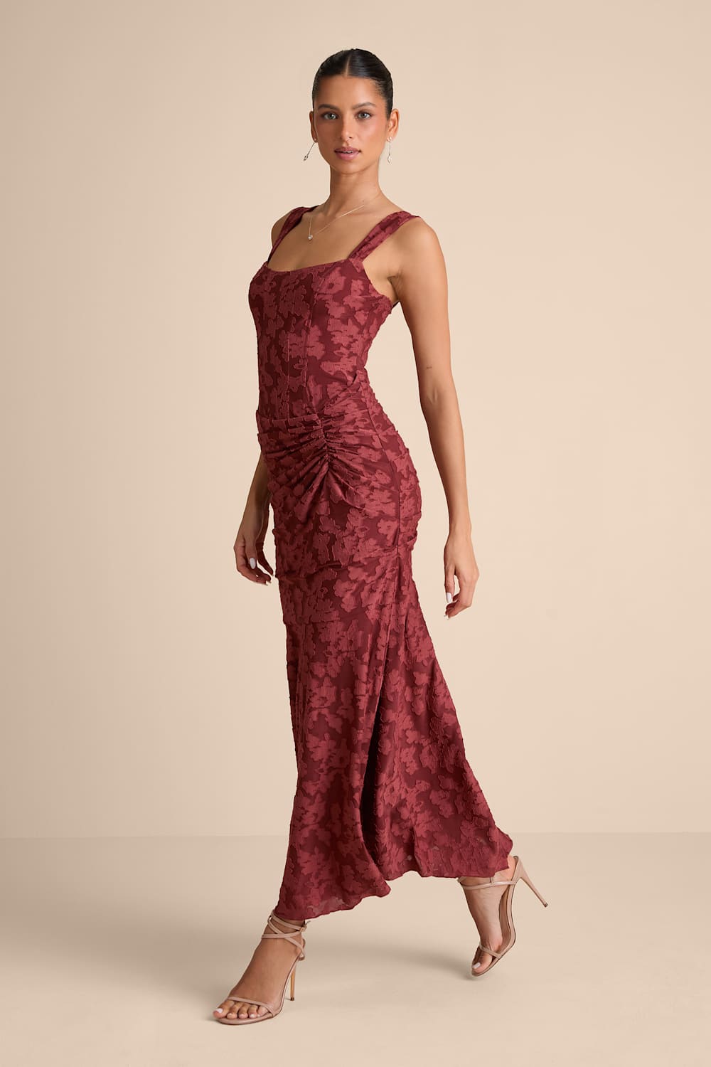 Celeste Rust Red Floral Burnout Bustier Maxi Dress