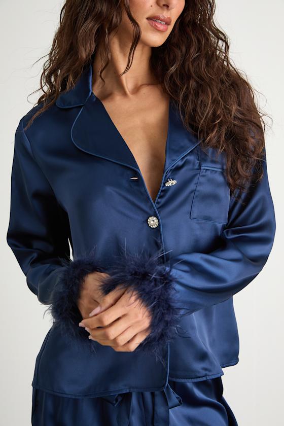 Dreamiest Delight Dark Blue Satin Feather Two-Piece Pajama Set 2