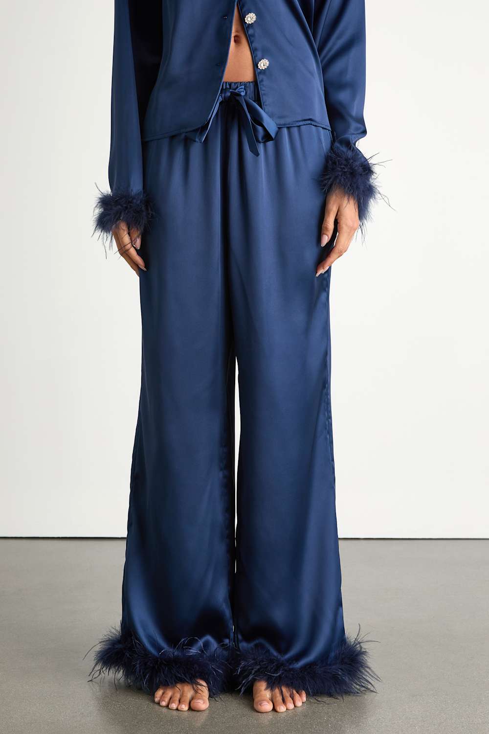 Dreamiest Delight Dark Blue Satin Feather Two-Piece Pajama Set