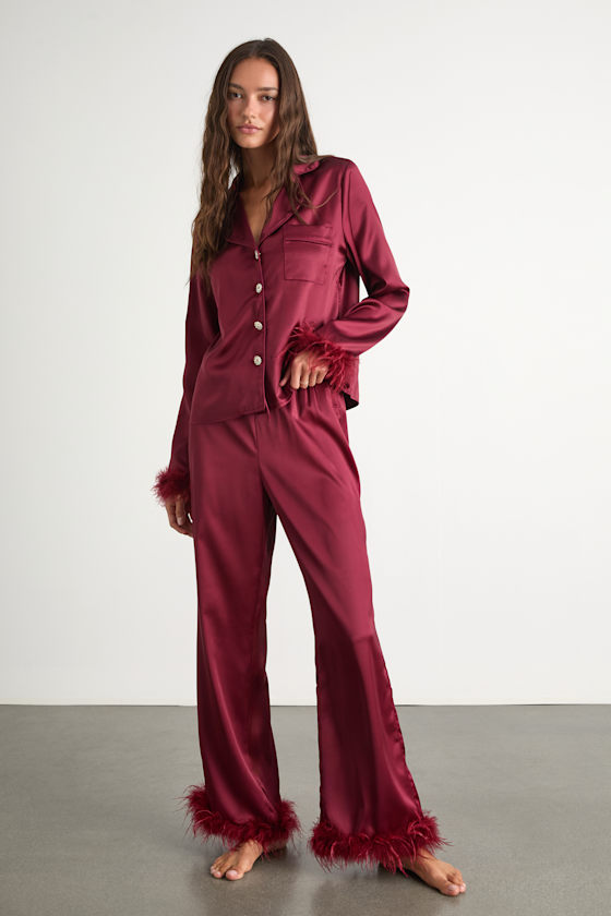 Dreamiest Delight Burgundy Satin Feather Two-Piece Pajama Set 1