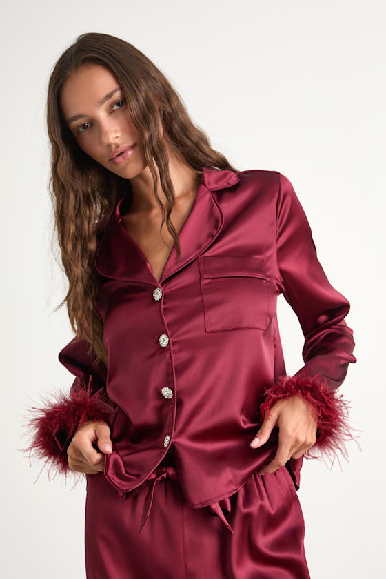Dreamiest Delight Burgundy Satin Feather Two-Piece Pajama Set 2